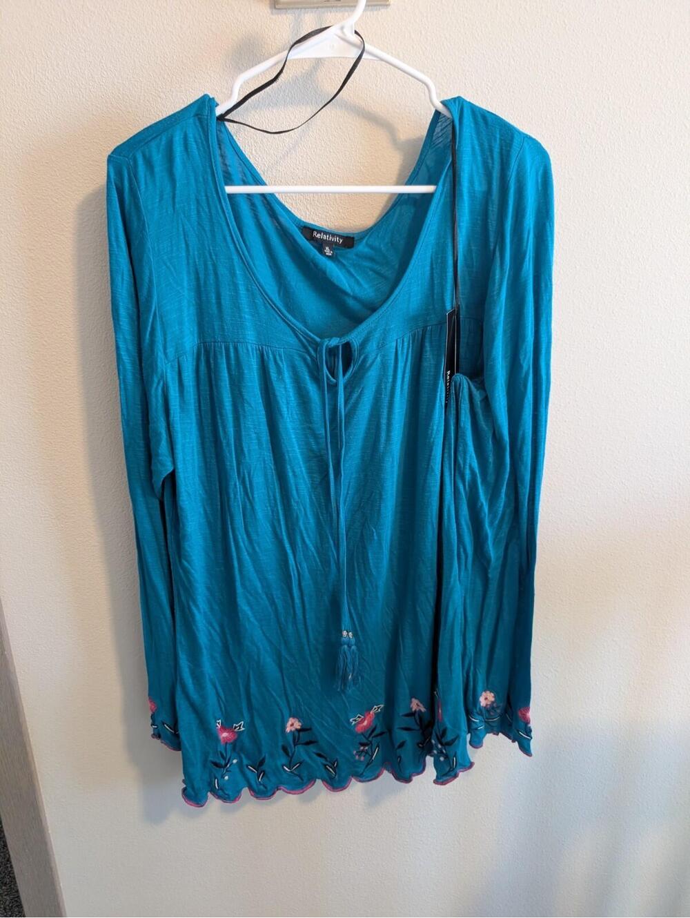 Womens Relativity Tasseled Tie Top Shirt Blouse Size XL Turquoise Teal Blue NWT